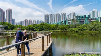 濕地公園的天然環境，與背後的都市景觀形成鮮明對比，更顯出公園作為都市綠州的優美。